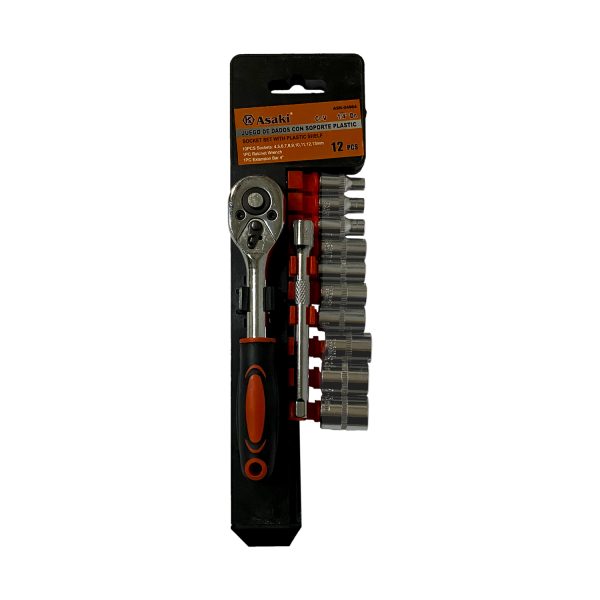 Juego llave ratchet (X1)+dados C/soporte plast 1/4"(X10)+ACC (X1)-12 PZS