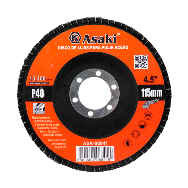 Disco flap 4.5" (115MM) grano P40 P/pulir acero inox ASAKI