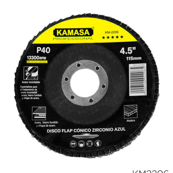 Disco flap 4.5" (115MM) P40 conico zirconio azul P/inox ***** KAMASA