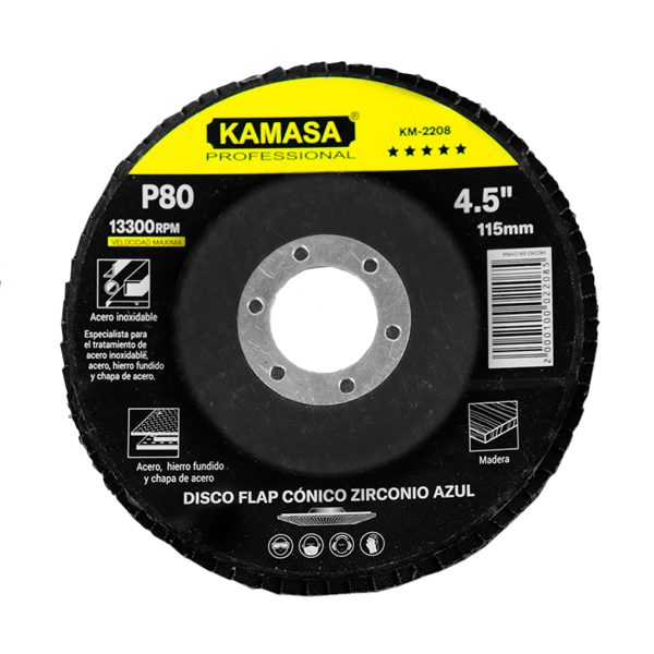 Disco flap 4.5" (115MM) P80 conico zirconino azul P/inox ***** KAMASA