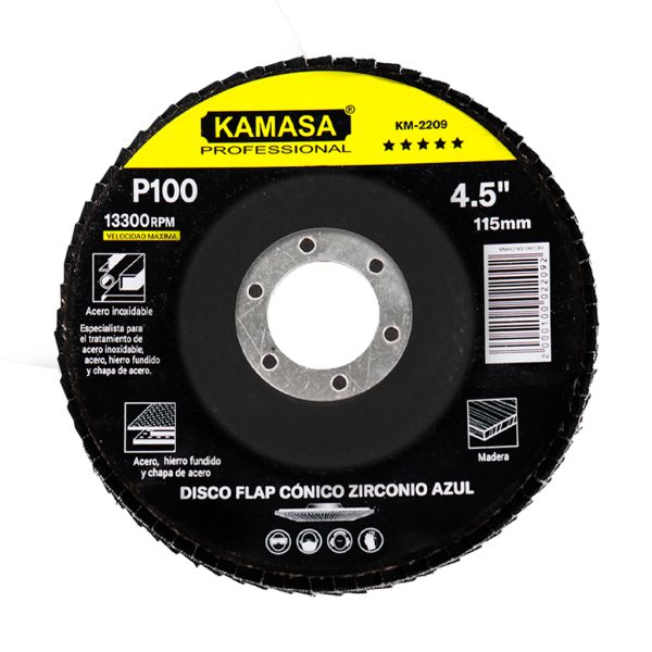 Disco flap 4.5" (115MM) P100 conico zirconio azul P/inox ***** KAMASA