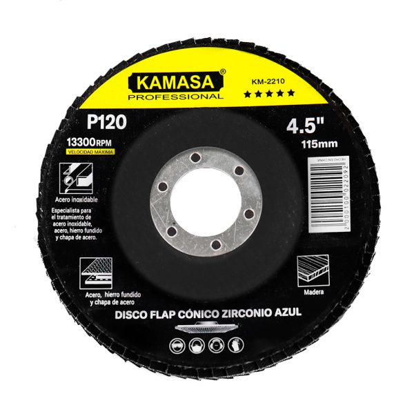 Disco flap 4.5" (115MM) P120 conico zirconio azul P/inox ***** KAMASA