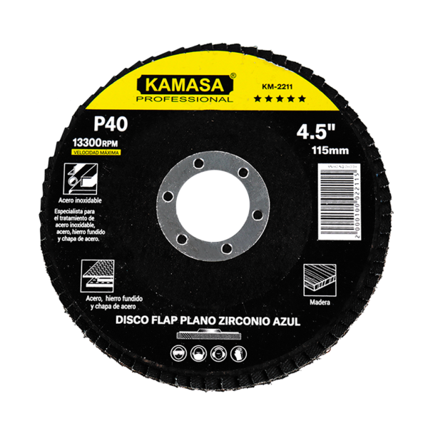 Disco flap 4.5" (115MM) P40 plano zirconio azul P/inox ***** KAMASA