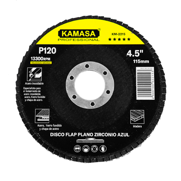Disco flap 4.5" (115MM) P120 plano zirconio azul P/inox ***** KAMASA