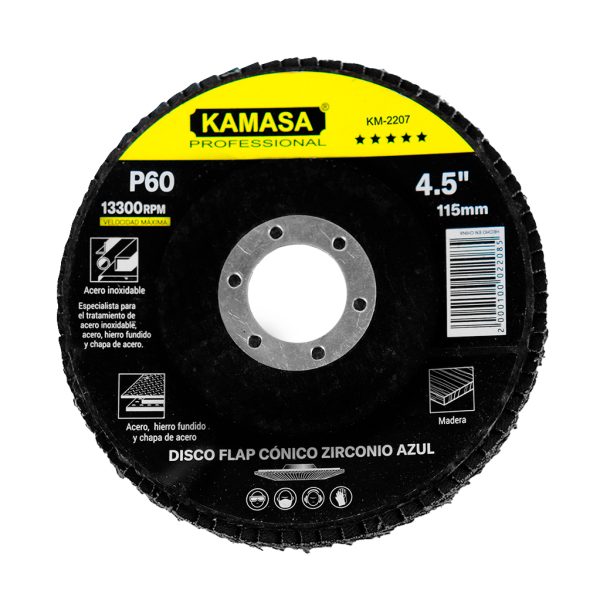 Disco flap 4.5" (115MM) P60 conico zirconio azul P/inox ***** KAMASA